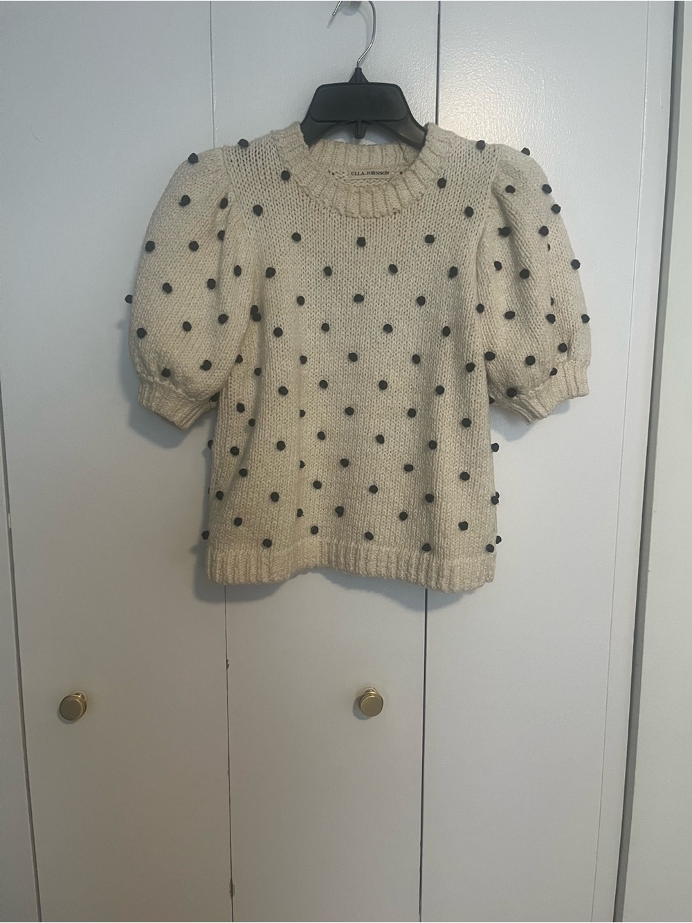Ulla Johnson Cream Knit Puff-Sleeve Sweater with Black Pom Dots